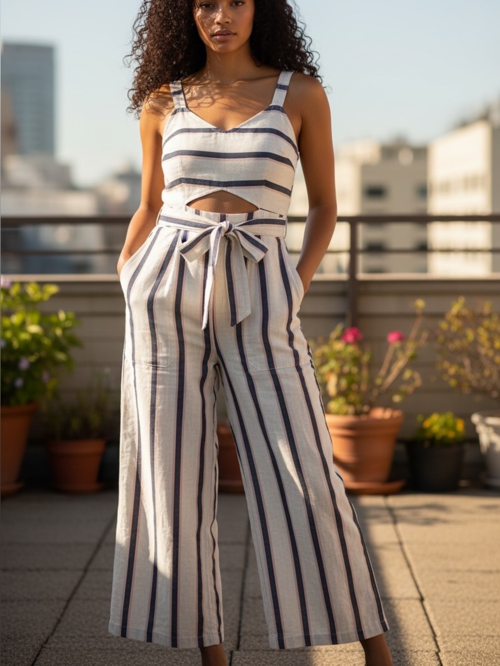 Striped Tie-Waist Wide-Leg Jumpsuit in White and Blue